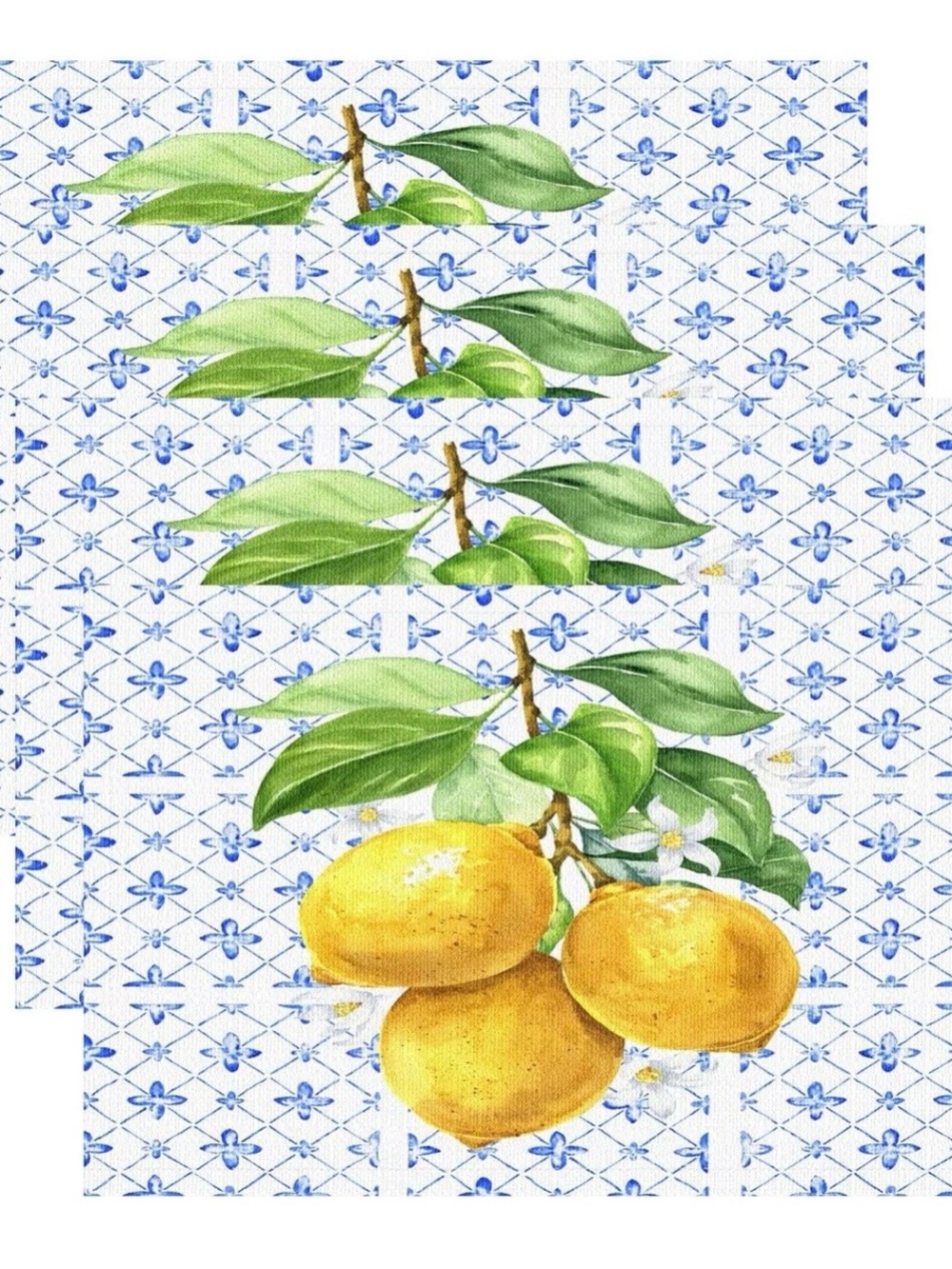 Lemon Placemats Set of 8, 17x12 Inch Summer Yellow Fruit Green Leaves Vintage Bl
